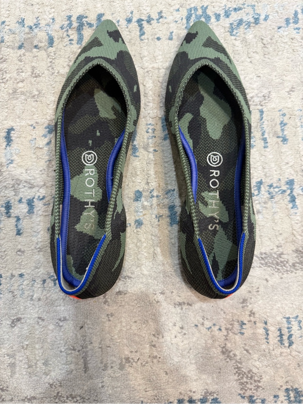 Rothy's Camouflage Pointed Toe Flats with Blue Trim